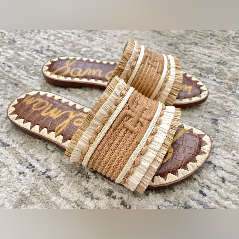 Sam Edelman Georgia Linen Raffia Slide Sandals Fringe Size 6 Boho Backyard BBQ - Picture 5 of 8